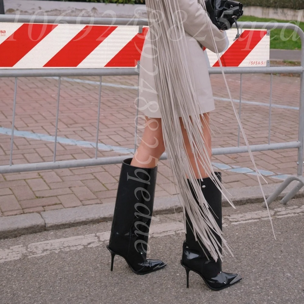 Women's Black Patent Leather Knee High Boots, Metal Cap Pointed Toe Stiletto Heel with Sleek Glossy Finish for Night Party Style
Women's Black Patent Leather Knee High Boots, Metal Cap Pointed Toe Stiletto Heel with Sleek Glossy Finish for Night Party Style