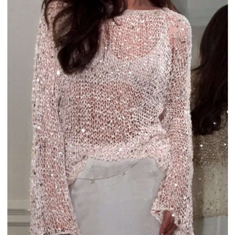 Crew Neck Sequin Knitted Top, Fashion Women's Long Sleeve Knitted Pullover, Women's Crochet Vacation Top
Crew Neck Sequin Knitted Top, Fashion Women's Long Sleeve Knitted Pullover, Women's Crochet Vacation Top