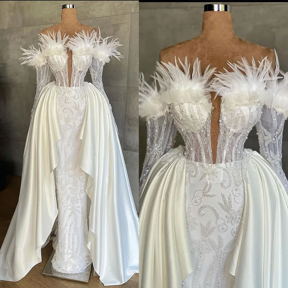 Exquisite Mermaid Wedding Dresses With Feather Pearls Deep V-Neck Bridal Gown Shine Satin Brush Train Robe De Vestido Hot Sale
Exquisite Mermaid Wedding Dresses With Feather Pearls Deep V-Neck Bridal Gown Shine Satin Brush Train Robe De Vestido Hot Sale