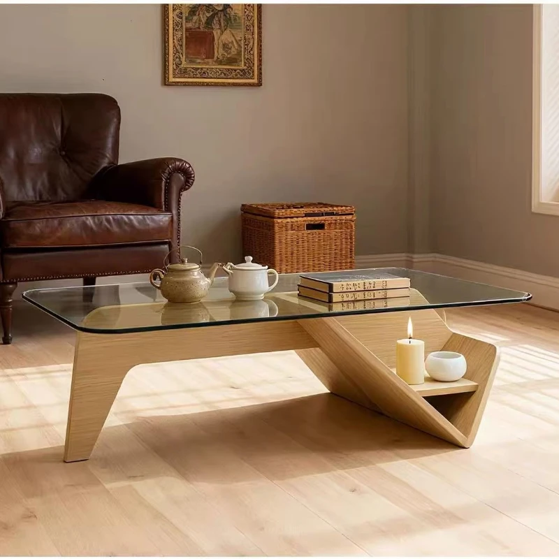 Tempered glass coffee table with wooden base, simple style living room coffee table
Tempered glass coffee table with wooden base, simple style living room coffee table