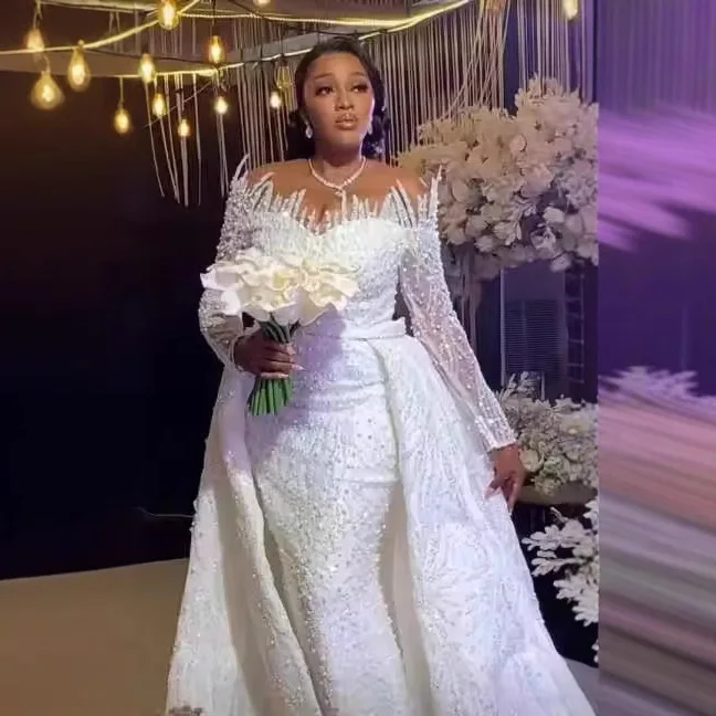 Unique Scallop-Edge Bridal Gown Beaded Long Sleeve Wedding Dress with Removable Skirt African Couture Vestidos De Novia 2-in-1
Unique Scallop-Edge Bridal Gown Beaded Long Sleeve Wedding Dress with Removable Skirt African Couture Vestidos De Novia 2-in-1