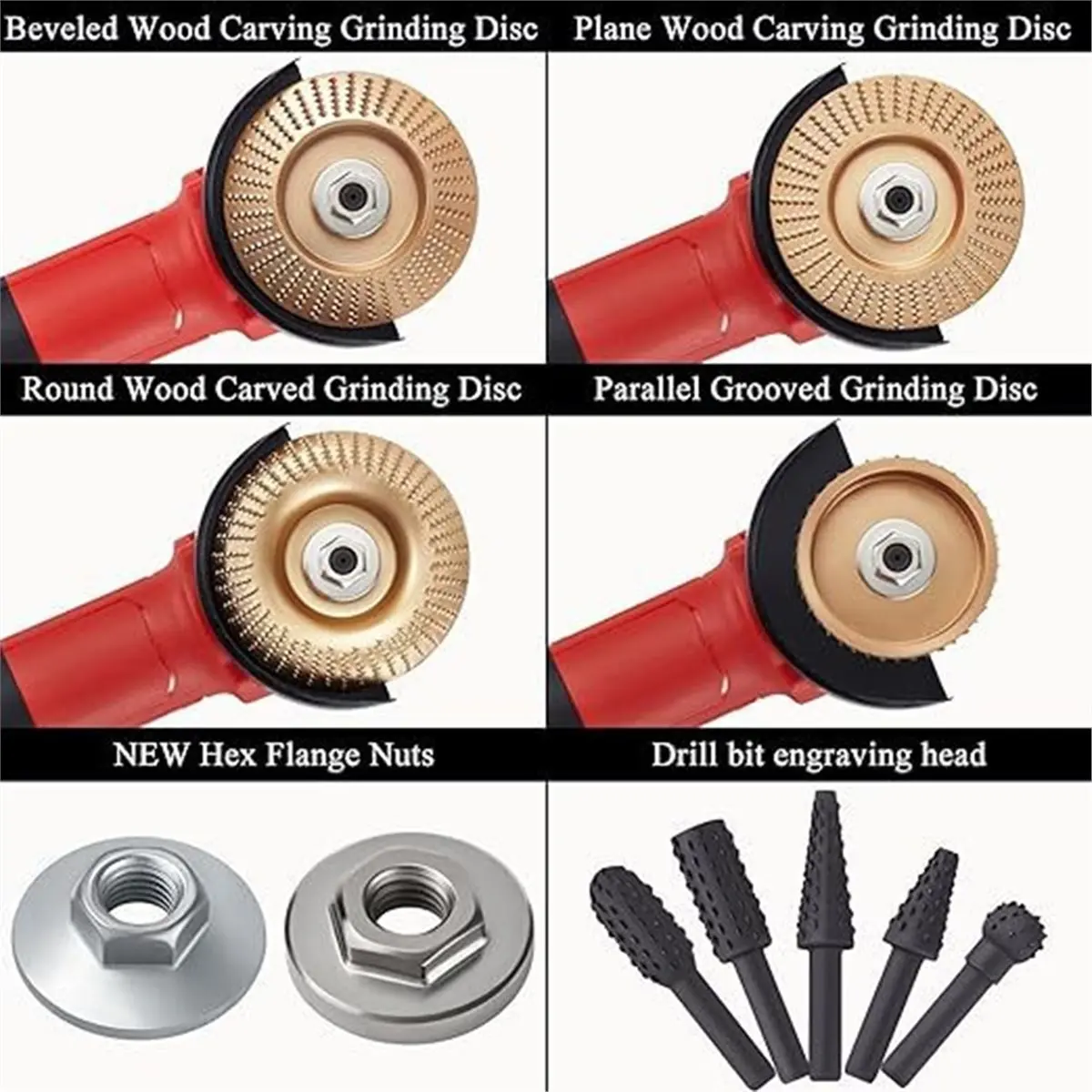 4 PCS Wood Carving Disc Set+5PCS Rotary Burr Rasp Tool Set,4" or 4 1/2" Angle Grinder with 7/8" Arbor, for Wood Grinding
4 PCS Wood Carving Disc Set+5PCS Rotary Burr Rasp Tool Set,4" or 4 1/2" Angle Grinder with 7/8" Arbor, for Wood Grinding