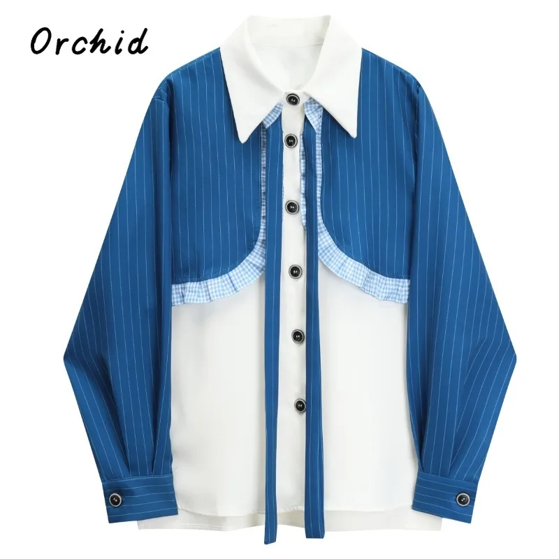 2024 Summer Casual Korean Style Turn-down Collar Striped Blouses Women Single Breasted Chic Lace-up Long Sleeve Patchwork Shirts
2024 Summer Casual Korean Style Turn-down Collar Striped Blouses Women Single Breasted Chic Lace-up Long Sleeve Patchwork Shirts