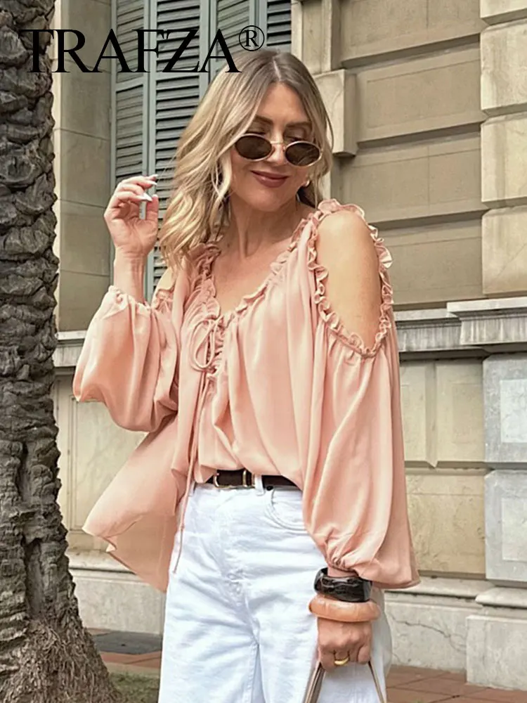 TRAFZA Summer Elegant Chiffon Blouse For Women Long Sleeves Off-Shoulder Top Laminated Lacing Tied Earrings V-neck Solid Shirts
TRAFZA Summer Elegant Chiffon Blouse For Women Long Sleeves Off-Shoulder Top Laminated Lacing Tied Earrings V-neck Solid Shirts