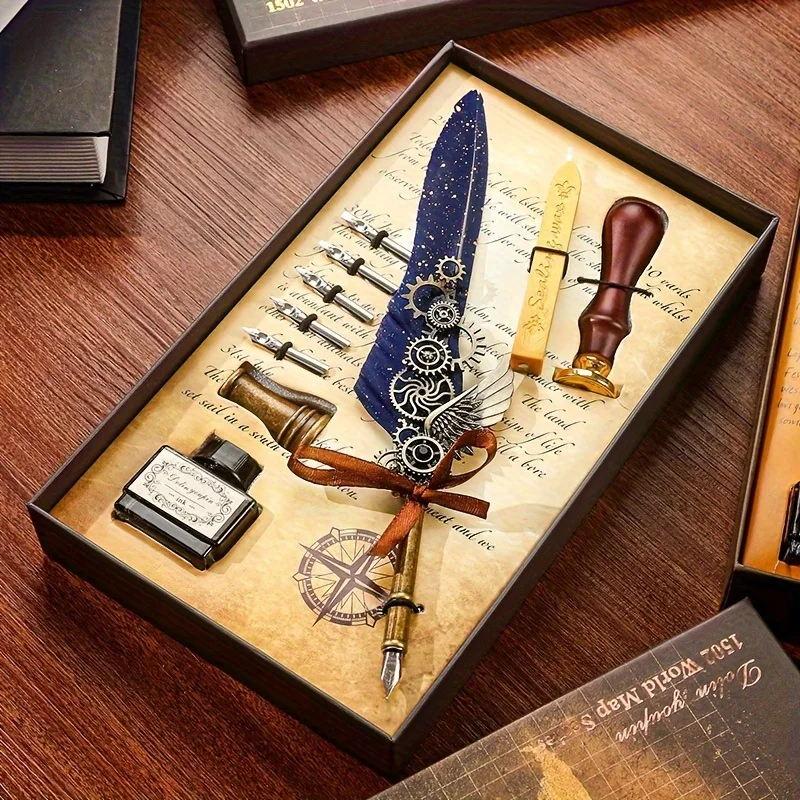 1 set of artificial feathers vintage mechanical gear pen, with wax print, brass base, and authentic retro writing experience
1 set of artificial feathers vintage mechanical gear pen, with wax print, brass base, and authentic retro writing experience