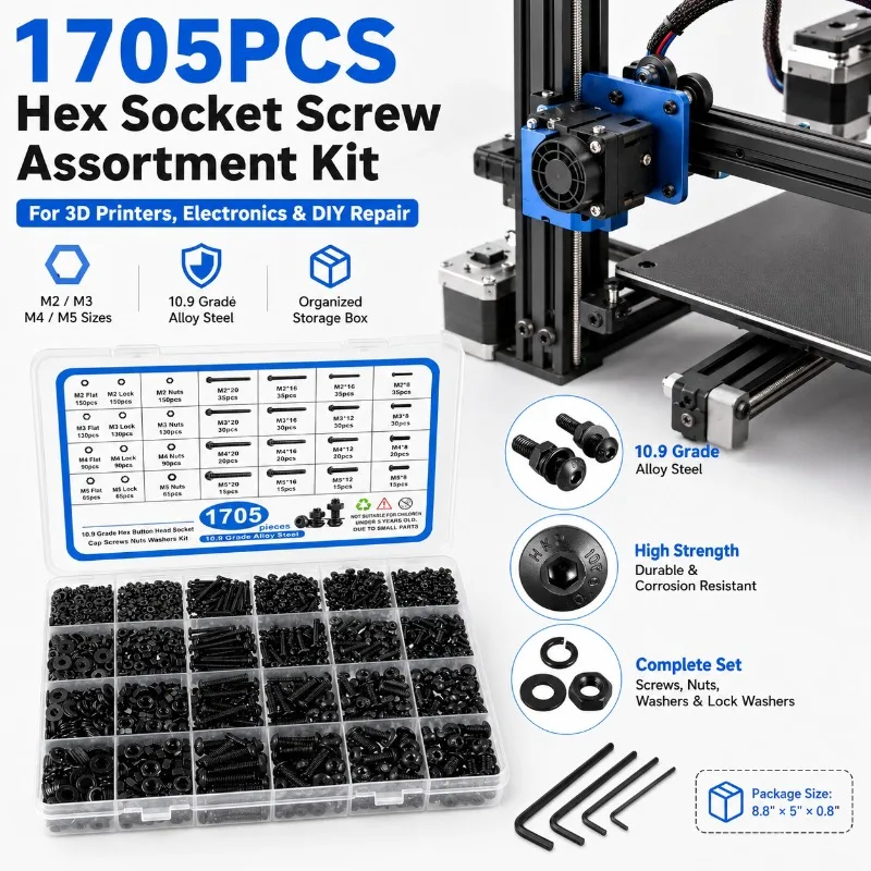 1705Pcs M2 M3 M4 M5 Hex Socket Button Head Screw Nut Washer Assortment Kit for 3D Printer DIY Repair
1705Pcs M2 M3 M4 M5 Hex Socket Button Head Screw Nut Washer Assortment Kit for 3D Printer DIY Repair