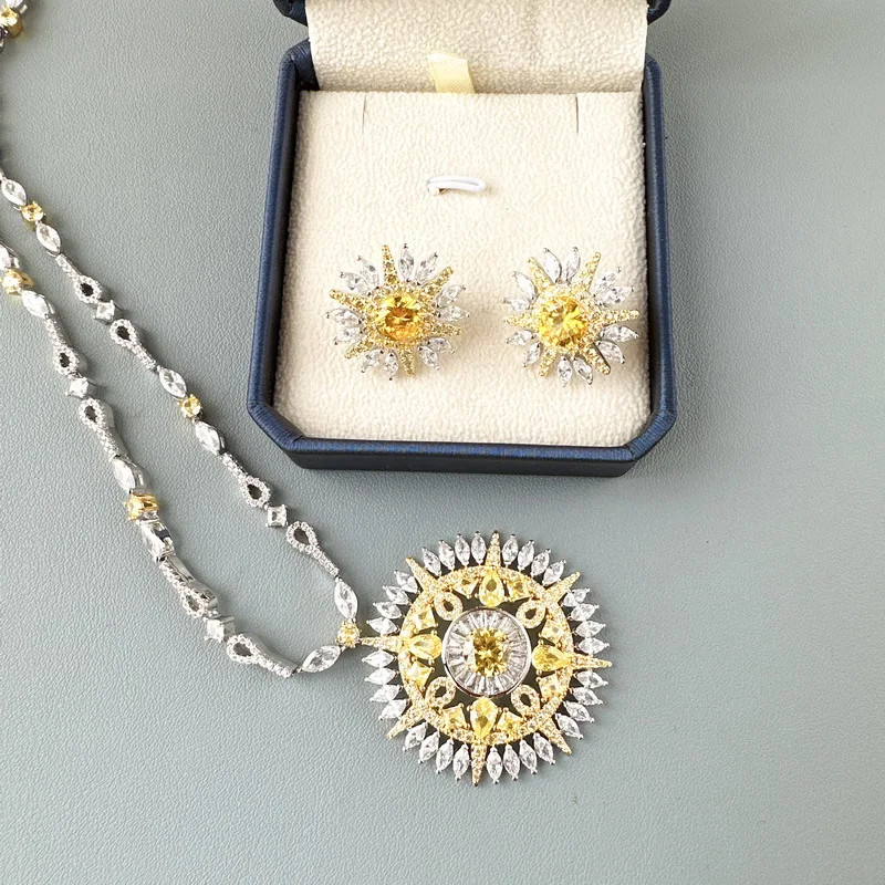 Designer Collection Fashion Style Necklace Earrings Women Lady Settings Yellow Cubic Zircon Sunflower Pendant High-end Jewellery
Designer Collection Fashion Style Necklace Earrings Women Lady Settings Yellow Cubic Zircon Sunflower Pendant High-end Jewellery