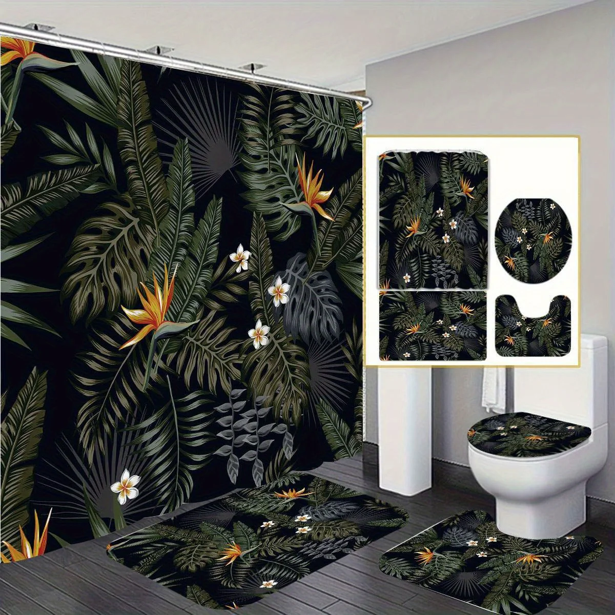 4 шт. занавеска для душа с тропическими листьями, можно стирать в машине, нескользящий коврик для ванной, U-образное сиденье для унитаза, полиэфирная ткань
4 шт. занавеска для душа с тропическими листьями, можно стирать в машине, нескользящий коврик для ванной, U-образное сиденье для унитаза, полиэфирная ткань