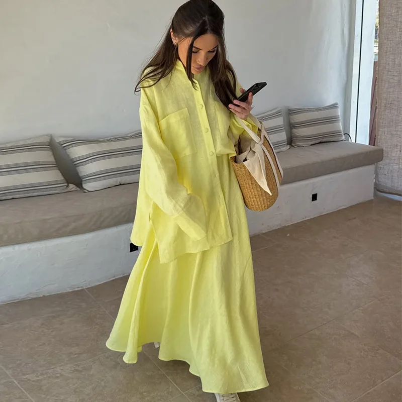 Casual Solid Button Shirt Skirts Suit Women Lapel Pocket Long Sleeve Loose Shirts + Pleat Long Skirts 2025 Summer New Chic Suits
Casual Solid Button Shirt Skirts Suit Women Lapel Pocket Long Sleeve Loose Shirts + Pleat Long Skirts 2025 Summer New Chic Suits