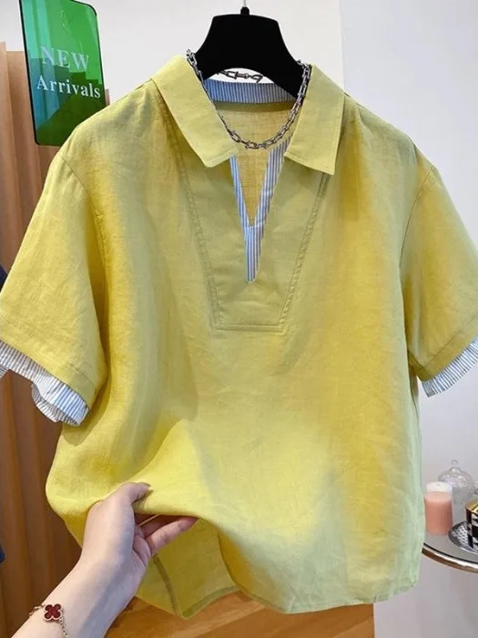 Summer 2026 Yellow Casual Loose Cotton Linen Short Sleeve Shirt for plus Size Women Comfortable Breathable Fashionable Top
Summer 2026 Yellow Casual Loose Cotton Linen Short Sleeve Shirt for plus Size Women Comfortable Breathable Fashionable Top