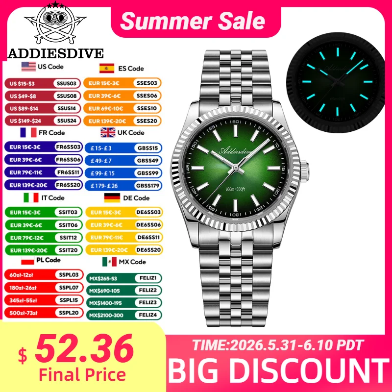 ADDIESDIVE Quartz Watches For Men Sapphire Glass 36mm VH31 Sunburst Luxury Dress Watch 10Bar Waterproof BWG9 Luminous Wristwatch
ADDIESDIVE Quartz Watches For Men Sapphire Glass 36mm VH31 Sunburst Luxury Dress Watch 10Bar Waterproof BWG9 Luminous Wristwatch