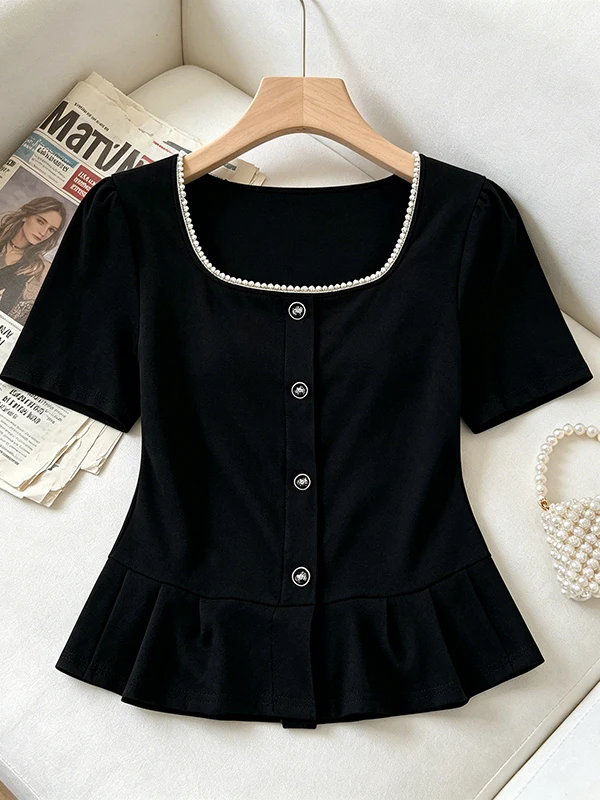 plus Size Women's Shirt Short Sleeve Square Collar Slimming Top French Style Regular Fit Black Summer New Design for plus Size
plus Size Women's Shirt Short Sleeve Square Collar Slimming Top French Style Regular Fit Black Summer New Design for plus Size