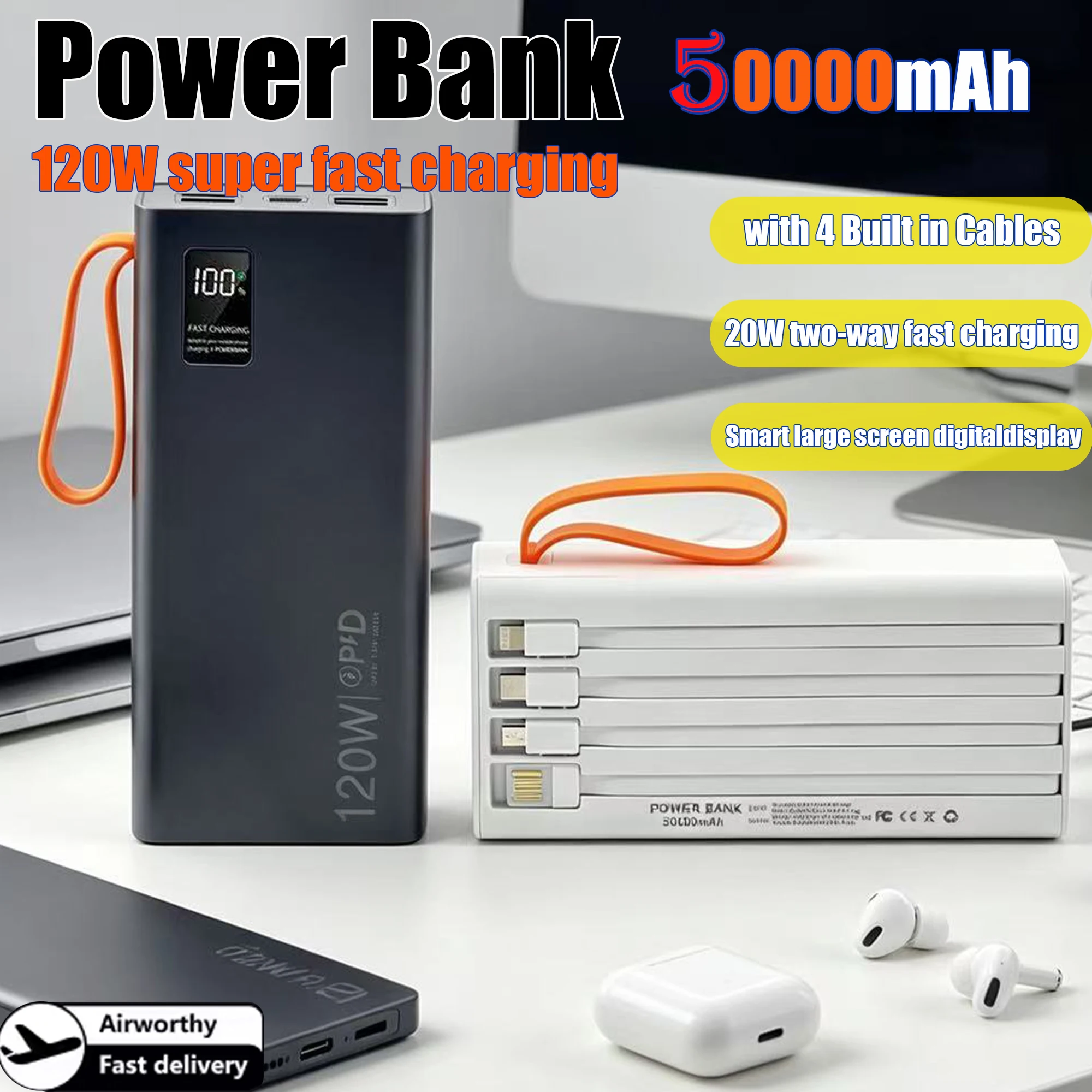 50000mAh Power Bank 120W Fast Charging Portable Charger Built-in Cable External Battery Pack PD USB C LED Display Powerbank
50000mAh Power Bank 120W Fast Charging Portable Charger Built-in Cable External Battery Pack PD USB C LED Display Powerbank