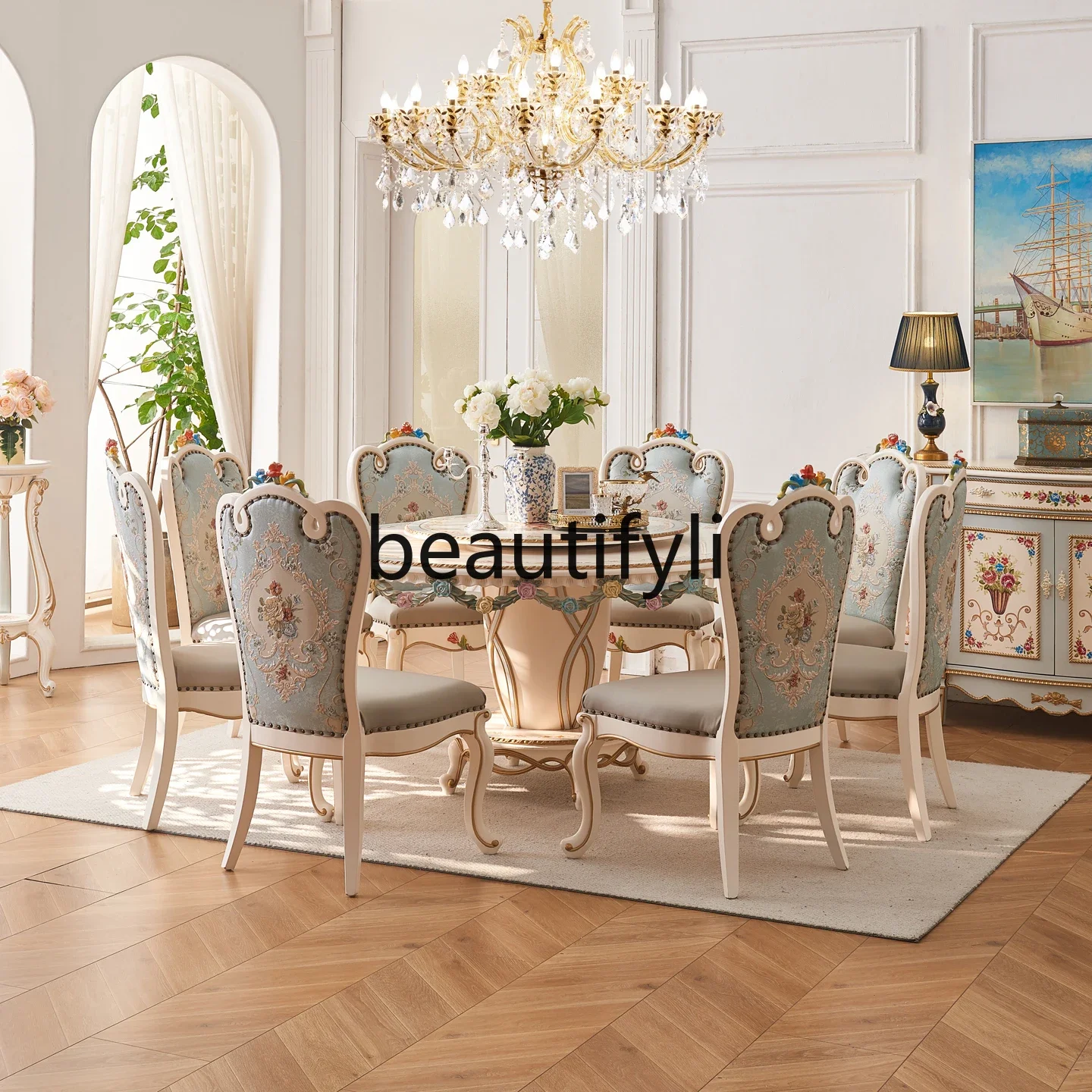 European French style, villa all solid wood 1.5M with turntable hand-painted flower round dining table and chairs4593
European French style, villa all solid wood 1.5M with turntable hand-painted flower round dining table and chairs4593