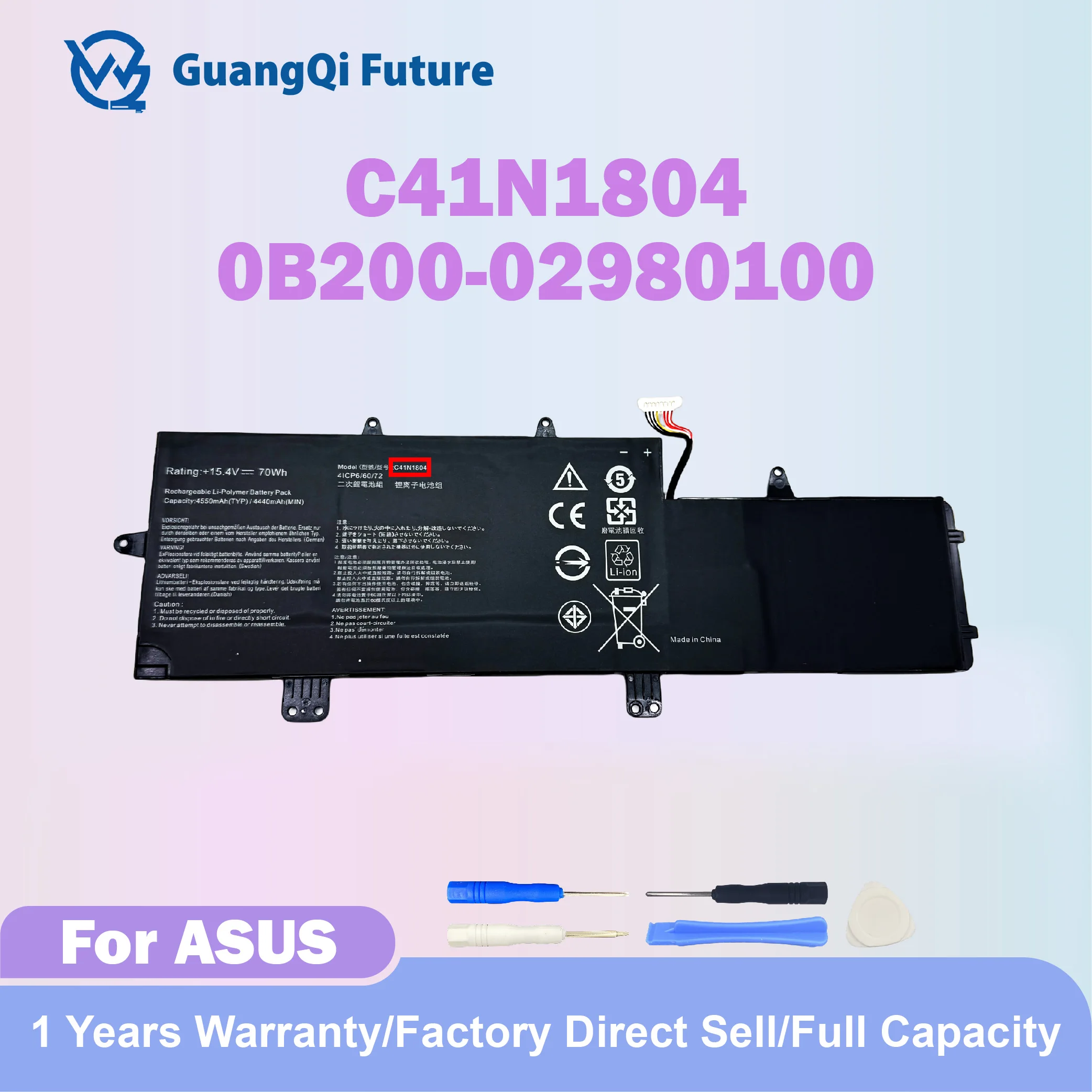 C41N1804 15.4V 70Wh 4550mAh 0B200-02980100 Replacement Laptop Battery for ASUS ZenBook Pro 14 UX450 UX450FD UX480 UX480FD
C41N1804 15.4V 70Wh 4550mAh 0B200-02980100 Replacement Laptop Battery for ASUS ZenBook Pro 14 UX450 UX450FD UX480 UX480FD