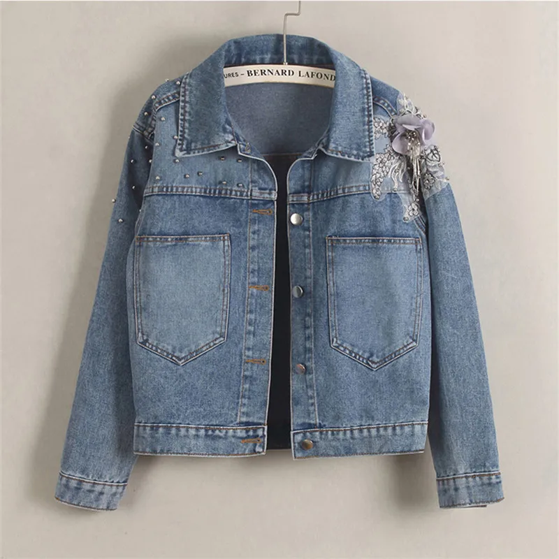Fashion Beaded Flower Blue Short Denim Jacket Autumn Women Lapel Single-Breasted Long Sleeve Loose Big Pocket Jeans Jacket Coat
Fashion Beaded Flower Blue Short Denim Jacket Autumn Women Lapel Single-Breasted Long Sleeve Loose Big Pocket Jeans Jacket Coat