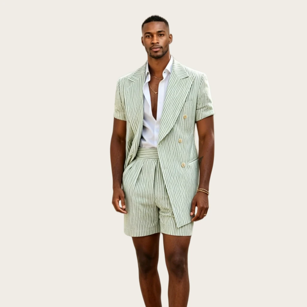 Mophiel Casual Men's Suits Short Sleeves 2Pcs Pinstripe Double Breasted Peaked Lapel Shorts Blazer for Wedding Party Customized
Mophiel Casual Men's Suits Short Sleeves 2Pcs Pinstripe Double Breasted Peaked Lapel Shorts Blazer for Wedding Party Customized