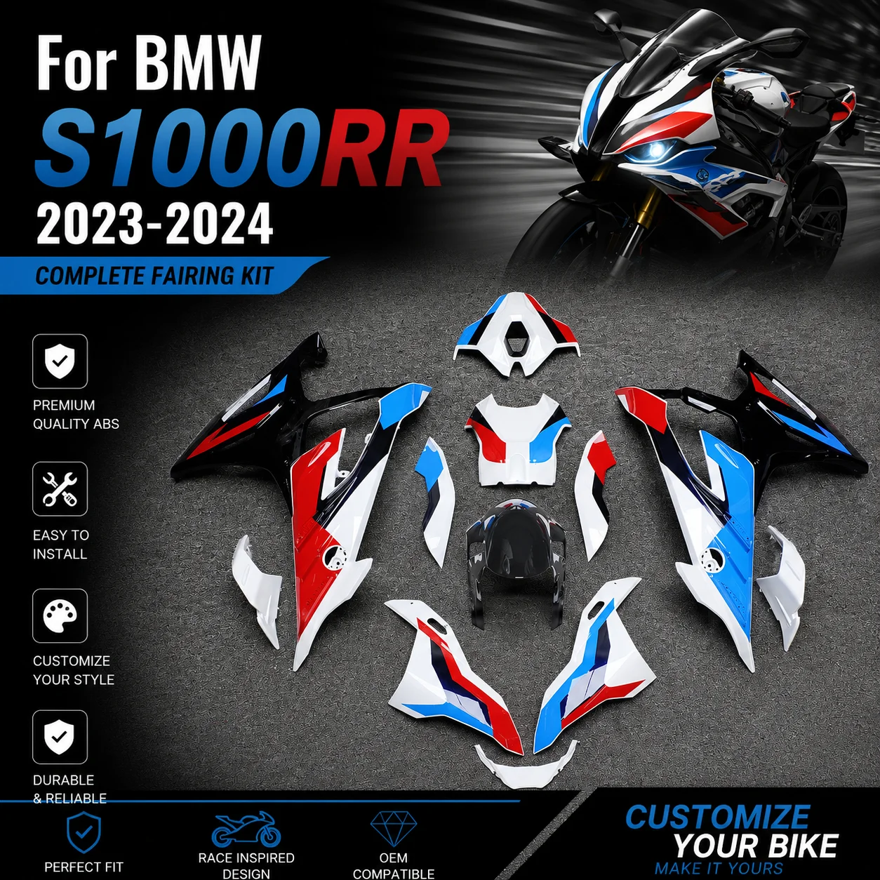 For BMW S1000RR 2023-2024 Injection Molded ABS Plastic Fairing Kit Complete Bodywork Sportbike Cowling Panels With Windscreen
For BMW S1000RR 2023-2024 Injection Molded ABS Plastic Fairing Kit Complete Bodywork Sportbike Cowling Panels With Windscreen