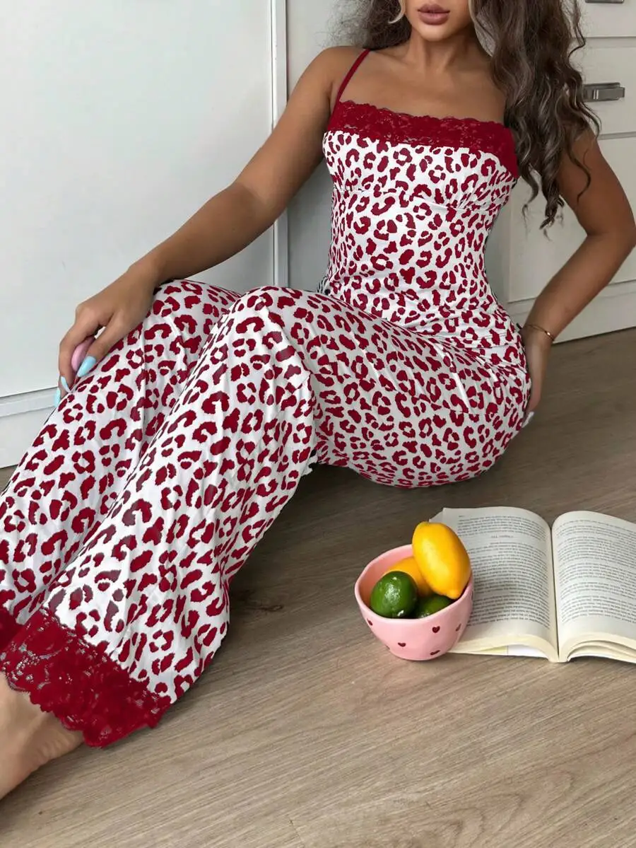 White Base Red Leopard Print Womens Lace-Trimmed Two-Piece Pajama Set Sleepwear
White Base Red Leopard Print Womens Lace-Trimmed Two-Piece Pajama Set Sleepwear