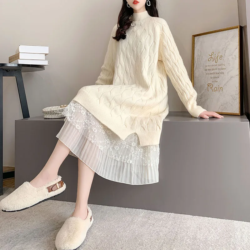 Autumn Winter New Vintage Sweater Dress Women's Clothing Casual Loose Lace Stitching Shirt inner Knitted Dress JP488
Autumn Winter New Vintage Sweater Dress Women's Clothing Casual Loose Lace Stitching Shirt inner Knitted Dress JP488