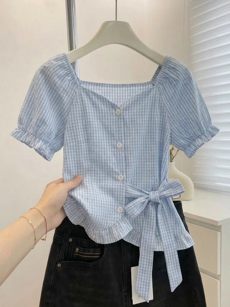 Light Blue Plaid Shirt Women's Summer New Large Size Fat MM Anti-Aging Small Shirt Belt Waist Inward Top Korean Style Commute
Light Blue Plaid Shirt Women's Summer New Large Size Fat MM Anti-Aging Small Shirt Belt Waist Inward Top Korean Style Commute