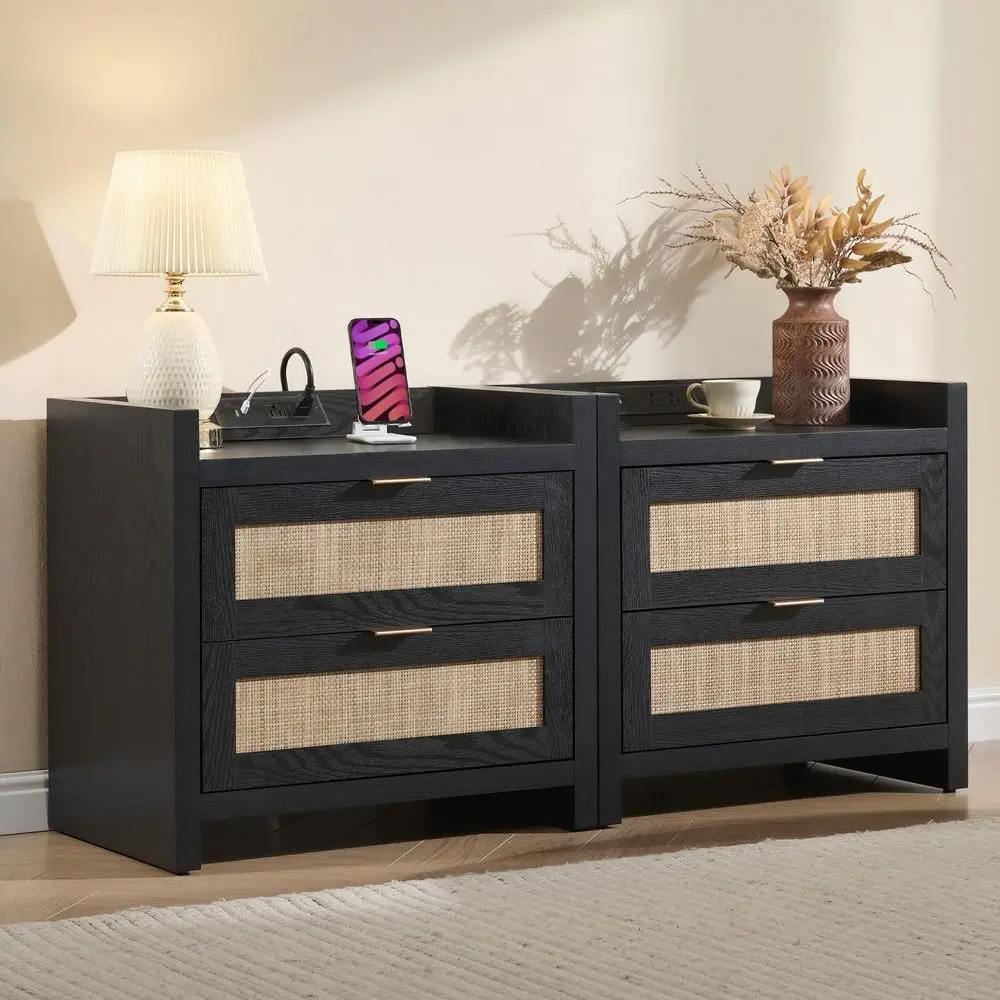 Black Nightstands Set of 2 Bed Side Table Boho Night Stand End Table with TypeC Charging Station, 2 Rattan Decor Drawers Storag
Black Nightstands Set of 2 Bed Side Table Boho Night Stand End Table with TypeC Charging Station, 2 Rattan Decor Drawers Storag