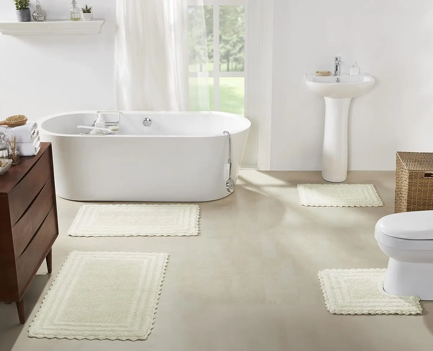 Cotton Bath Rug Set 4 Piece with Tufted Weave Design, Machine Washable Bathroom Rugs for Soft Comfort in Ivory
Cotton Bath Rug Set 4 Piece with Tufted Weave Design, Machine Washable Bathroom Rugs for Soft Comfort in Ivory