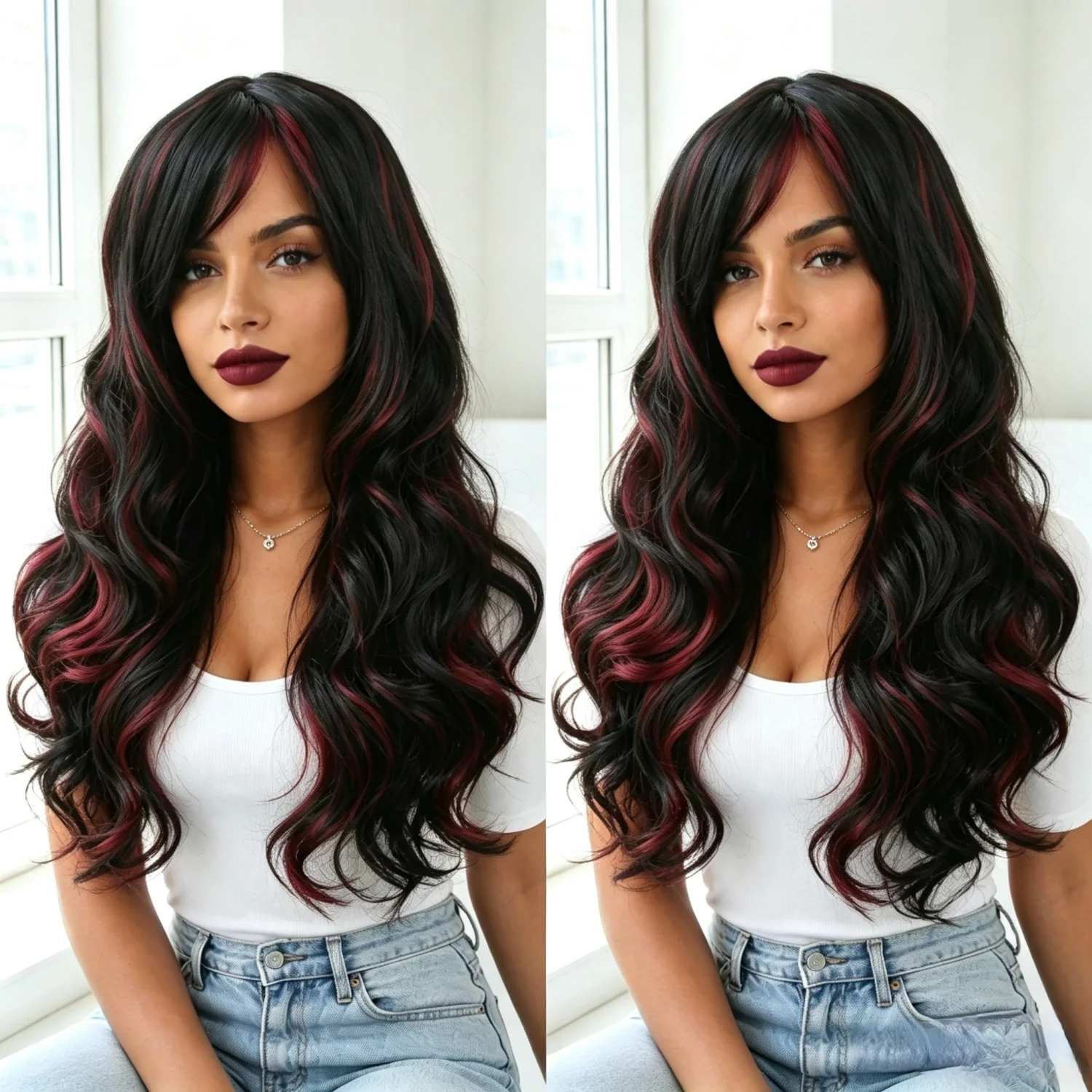 Long Wavy Black Wig with Burgundy Red Highlights Natural Curly Synthetic Hair Wig with Bangs for Women Heat Resistant 26 Inch
Long Wavy Black Wig with Burgundy Red Highlights Natural Curly Synthetic Hair Wig with Bangs for Women Heat Resistant 26 Inch