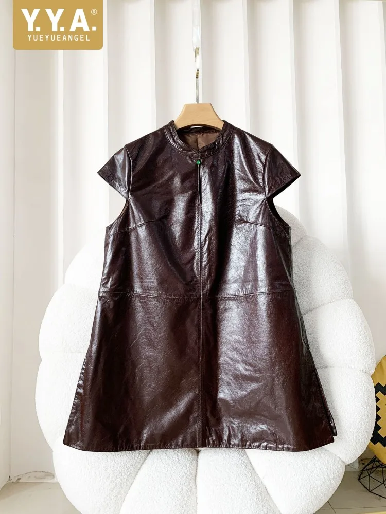 Retro Ladies Stand Collar Fashion Genuine Leather Dress Chinese Style Sleeveless Solid Color Oil Wax Cowhide A-Line Dresses
Retro Ladies Stand Collar Fashion Genuine Leather Dress Chinese Style Sleeveless Solid Color Oil Wax Cowhide A-Line Dresses