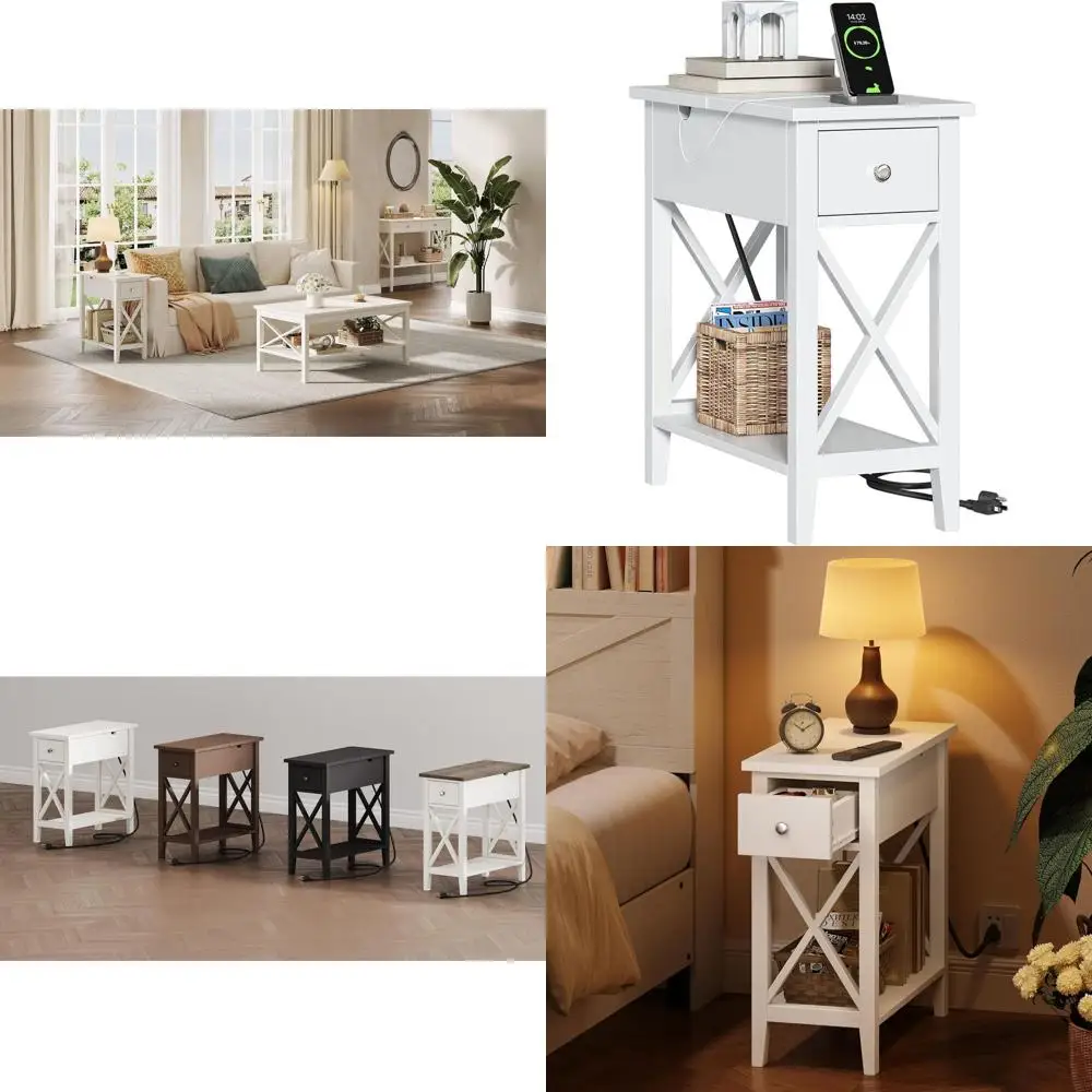 White Compact Charging Nightstand with USB Ports and Outlets for Small Spaces
White Compact Charging Nightstand with USB Ports and Outlets for Small Spaces