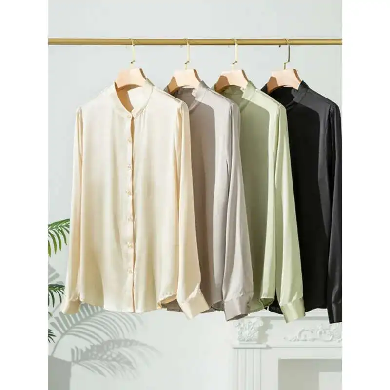 Women 93% Silk Shirts Spring Summer Stand Collar Long Sleeve Single Breasted Mulberry Silk Shirt Solid Color Blouse
Women 93% Silk Shirts Spring Summer Stand Collar Long Sleeve Single Breasted Mulberry Silk Shirt Solid Color Blouse
