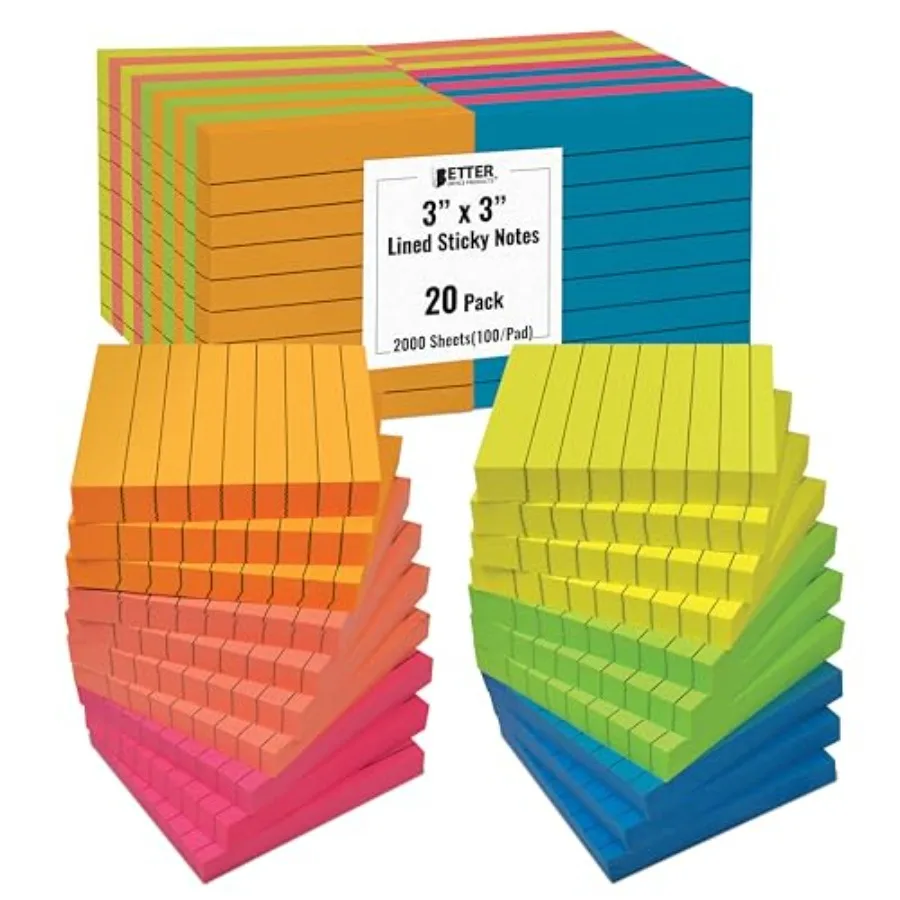 Lined Sticky Notes 3 x 3, 20 Pack Box, 2, 000 Sheets 100/Pad,Self Stick Notes with Lines, Bright Assorted Colors, Post Memos, S
Lined Sticky Notes 3 x 3, 20 Pack Box, 2, 000 Sheets 100/Pad,Self Stick Notes with Lines, Bright Assorted Colors, Post Memos, S