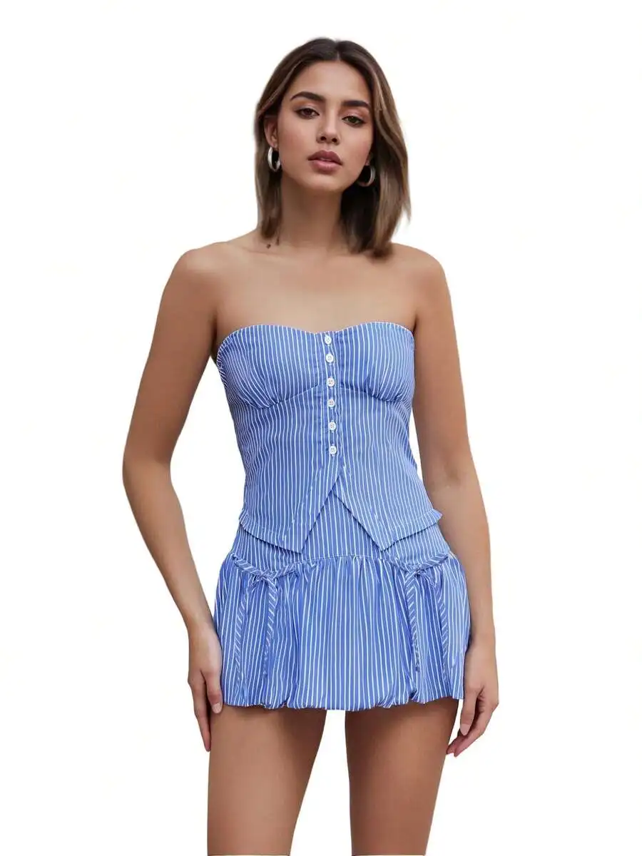 Striped 2-Piece Set Women Bandeau Top And Mini Bubble Skirt Summer Casual Outfit
Striped 2-Piece Set Women Bandeau Top And Mini Bubble Skirt Summer Casual Outfit