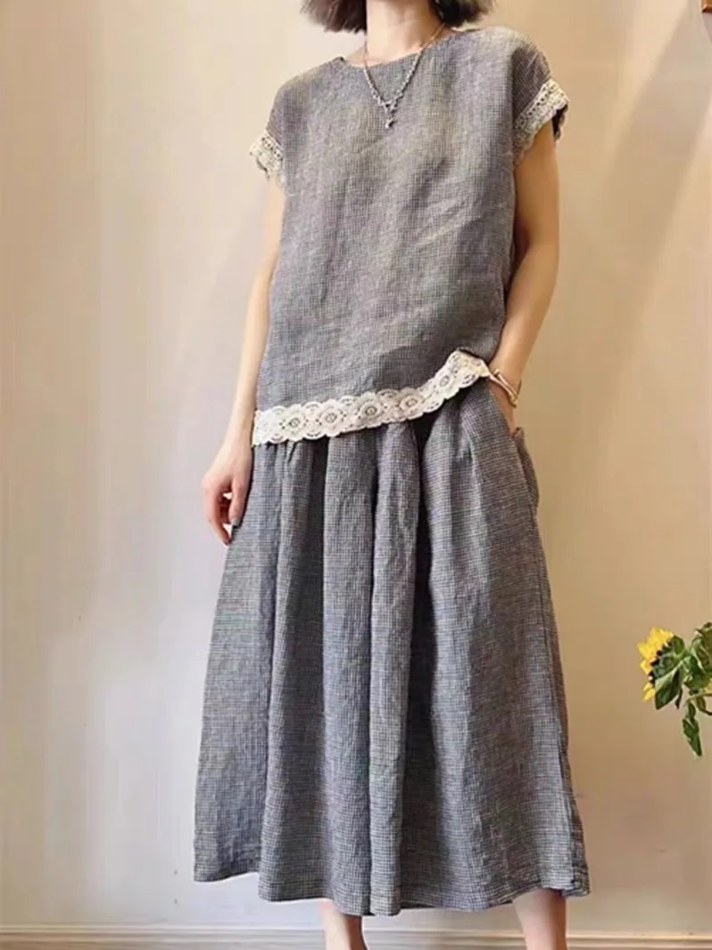 Summer Fashion High-End Cotton Linen Wide Leg Pants Two-Piece Set Women's Sleeveless Floral Lace Trim Plaid Top round Neck
Summer Fashion High-End Cotton Linen Wide Leg Pants Two-Piece Set Women's Sleeveless Floral Lace Trim Plaid Top round Neck