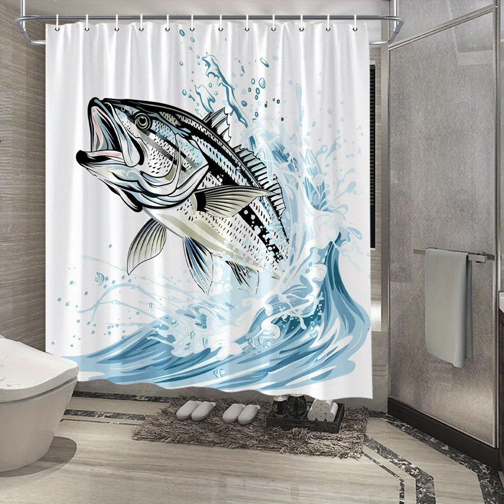 1 шт., занавеска для душа с яркими окунями и рыбой, дизайн для прыжков в середине, с брызгами воды и динамическим действием, ярко-белый фон с синим цветком
1 шт., занавеска для душа с яркими окунями и рыбой, дизайн для прыжков в середине, с брызгами воды и динамическим действием, ярко-белый фон с синим цветком