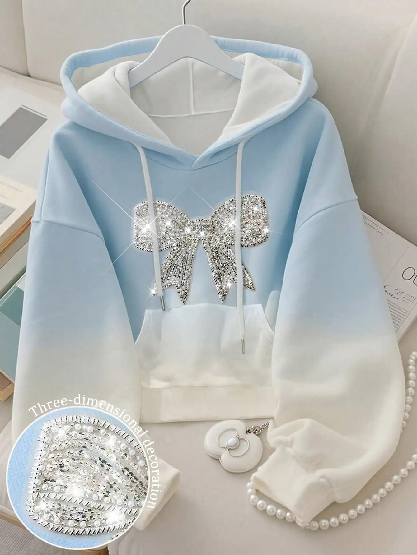 Light Blue Women's Hoodie with Rhinestone Bow, Long Sleeve, Casual Autumn Winter Sweatshirt
Light Blue Women's Hoodie with Rhinestone Bow, Long Sleeve, Casual Autumn Winter Sweatshirt