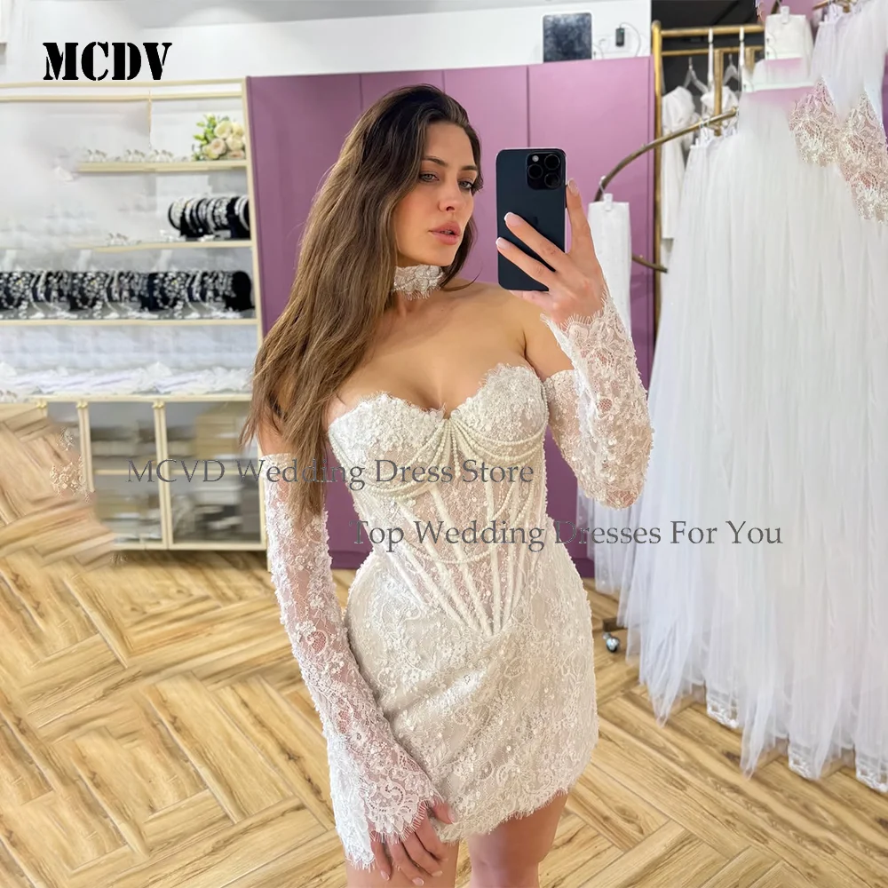 Pearl Beaded Short Wedding Dress Detachable Long Lace Sleeves Strapless Neck Mini Lace Bridal Reception Gown Vestido De Novia
Pearl Beaded Short Wedding Dress Detachable Long Lace Sleeves Strapless Neck Mini Lace Bridal Reception Gown Vestido De Novia