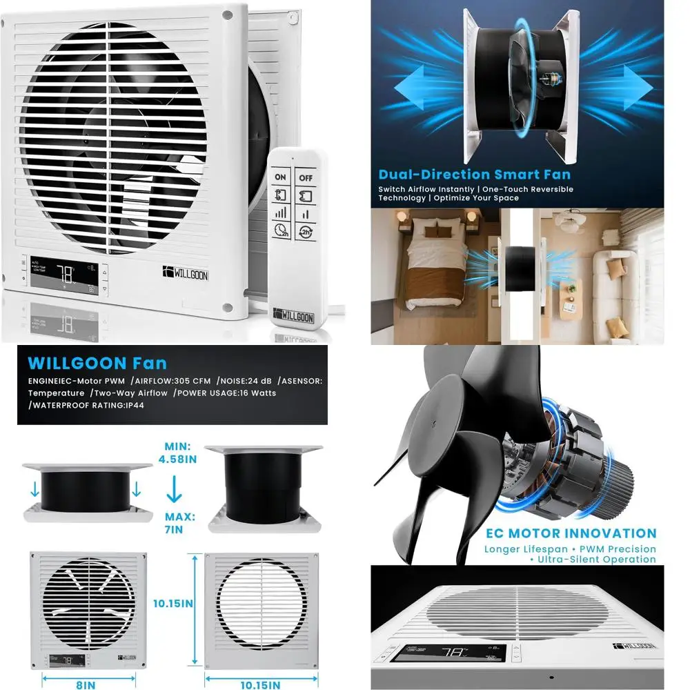 8 2-Way Wall-Mounted Air Vent with Digital Temp Control, Timer & 10-Speed Quiet EC Motor for Kitchen, Laundry, Workshop
8 2-Way Wall-Mounted Air Vent with Digital Temp Control, Timer & 10-Speed Quiet EC Motor for Kitchen, Laundry, Workshop
