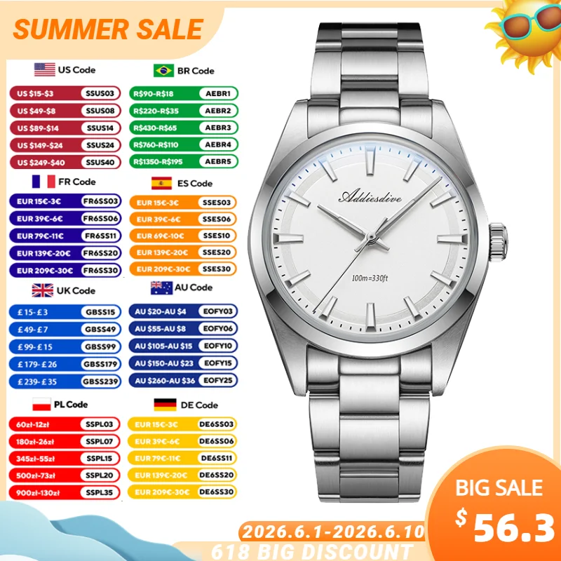 ADDIESDIVE Men Watches 36mm VH31 Quartz Wristwatch 100m Waterproof Bubble Glass BGW9 Super Luminous 316L Stainless Steel Watch
ADDIESDIVE Men Watches 36mm VH31 Quartz Wristwatch 100m Waterproof Bubble Glass BGW9 Super Luminous 316L Stainless Steel Watch