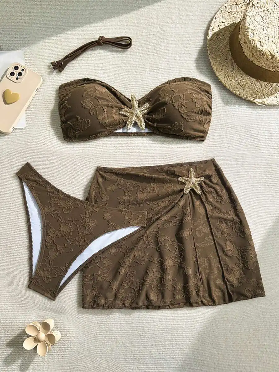 3-Piece Textured Lace Bandeau Bikini Set With Starfish Decor For Beach Vacation
3-Piece Textured Lace Bandeau Bikini Set With Starfish Decor For Beach Vacation
