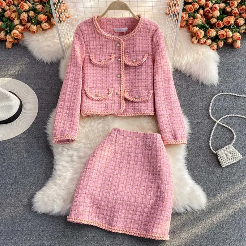Women Tweed Jacquard Pink Suit Jacket Coat Top And Mini Skirt Two Piece Set Elegant Chic Outfit Winter Party Fragrant Clothing
Women Tweed Jacquard Pink Suit Jacket Coat Top And Mini Skirt Two Piece Set Elegant Chic Outfit Winter Party Fragrant Clothing
