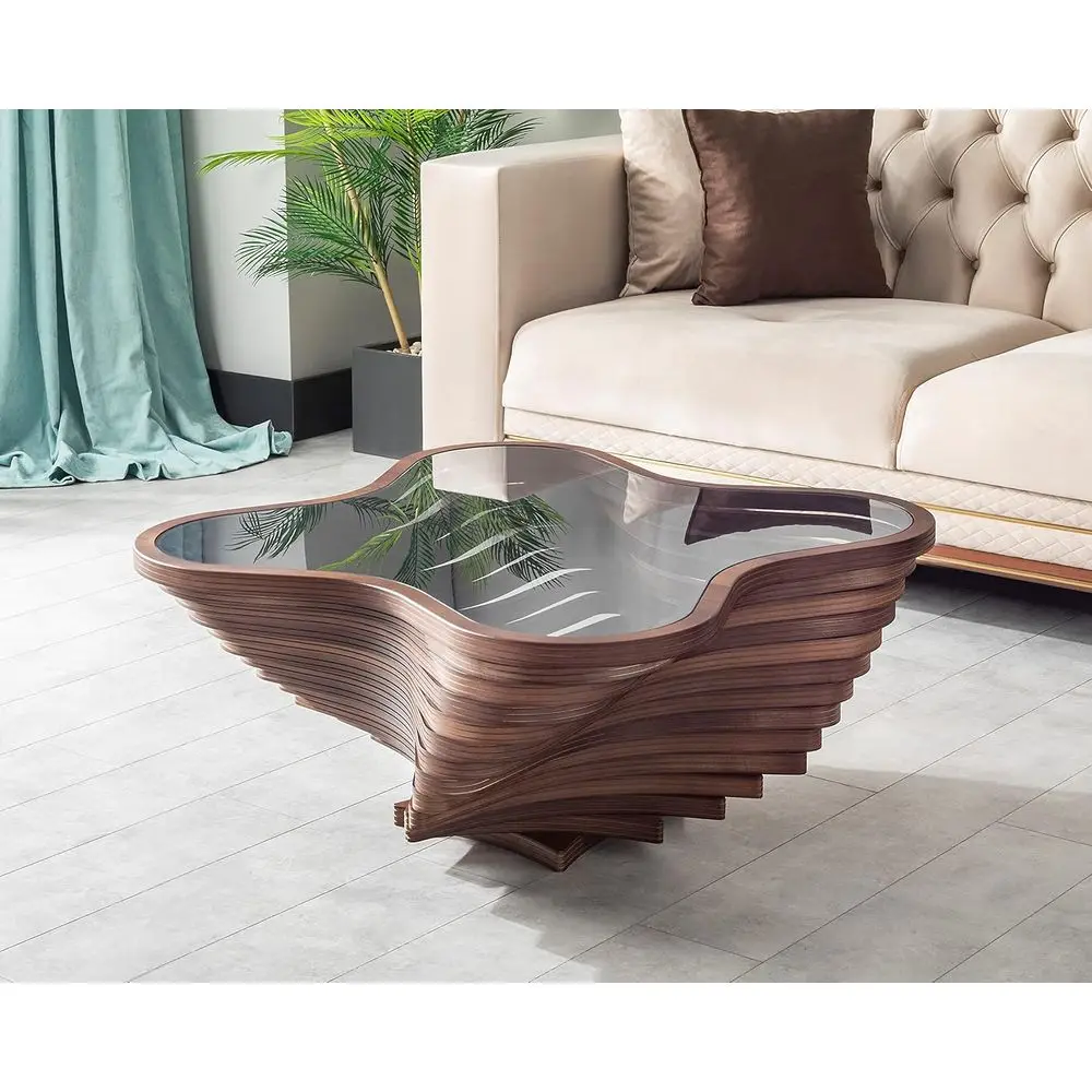 Contemporary Wave Design Coffee Table - Natural Walnut Veneer, Tempered Glass, Rustic Wood for Luxurious Living Rooms
Contemporary Wave Design Coffee Table - Natural Walnut Veneer, Tempered Glass, Rustic Wood for Luxurious Living Rooms