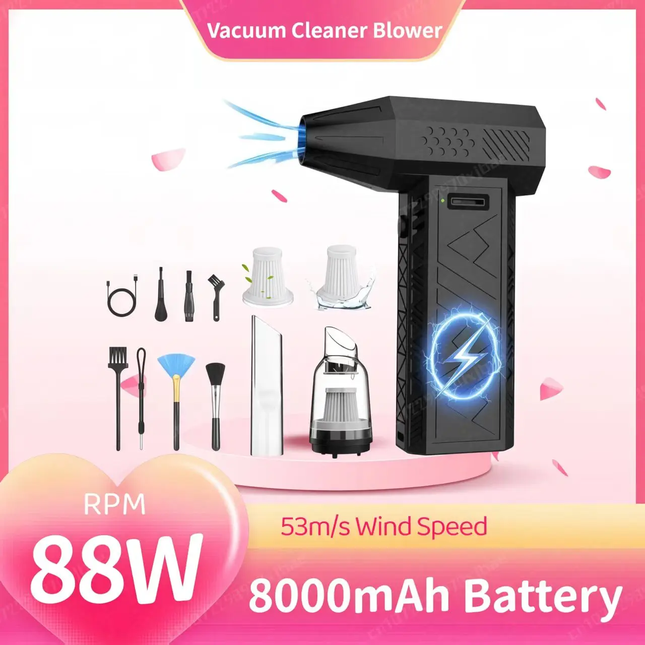 880000RPM Vacuum Cleaner Blower Brushless Powerful Turbo Air Blower 53m/s Wind Speed Rechargeable Turbo Fan 8000mAh Battery
880000RPM Vacuum Cleaner Blower Brushless Powerful Turbo Air Blower 53m/s Wind Speed Rechargeable Turbo Fan 8000mAh Battery