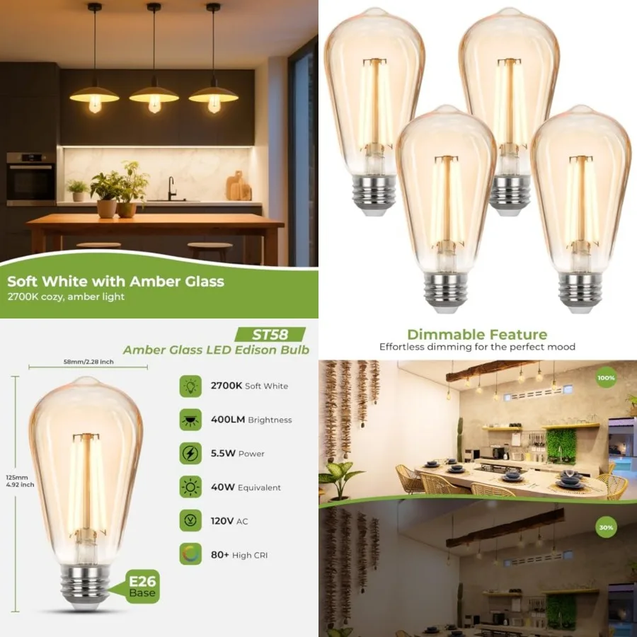 LED Edison Bulbs 40 watt Equivalent, E26 Light Bulb Dimmable, Soft White 2700K, Amber Glass ST58 Vintage LED Bulbs, 90+ CRI, 4.
LED Edison Bulbs 40 watt Equivalent, E26 Light Bulb Dimmable, Soft White 2700K, Amber Glass ST58 Vintage LED Bulbs, 90+ CRI, 4.