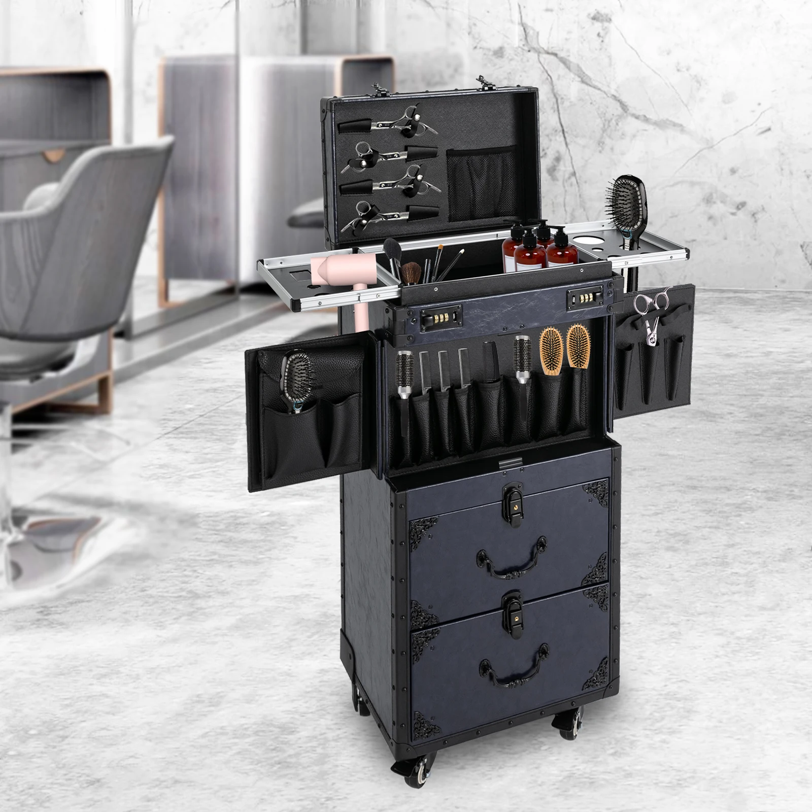 Профессиональный парикмахерский чемодан с колесами, чемодан на тележке для салона, большой вместительный органайзер для парикмахерских инструментов
Профессиональный парикмахерский чемодан с колесами, чемодан на тележке для салона, большой вместительный органайзер для парикмахерских инструментов