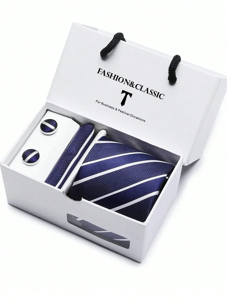 Mens Blue Striped Tie Set With Pocket Square And Cufflinks For Business Party
Mens Blue Striped Tie Set With Pocket Square And Cufflinks For Business Party