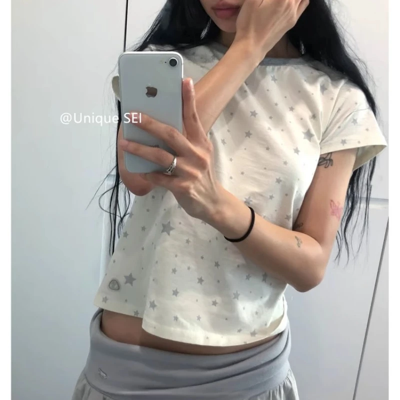 Vintage Star Printed Casual Short-sleeved T-shirt Women 2025 Summer New High Street O-neck Contrast Color Patchwork Tops
Vintage Star Printed Casual Short-sleeved T-shirt Women 2025 Summer New High Street O-neck Contrast Color Patchwork Tops