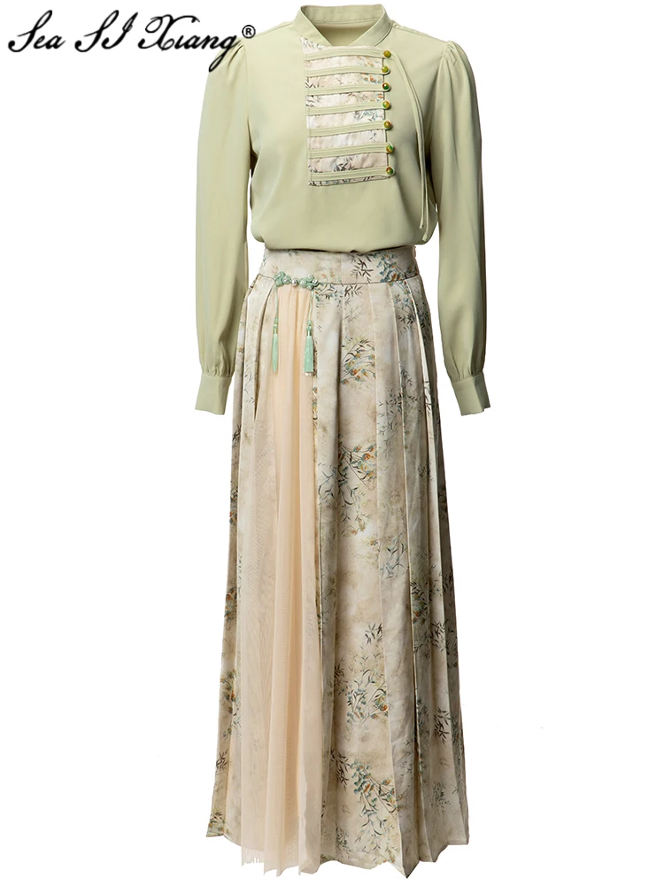 Seasixiang Fashion Designer Spring Chinese Style Print Suit Women Stand Collar Long Sleeve Tops+Mesh Patchwork Skirt Beading Set
Seasixiang Fashion Designer Spring Chinese Style Print Suit Women Stand Collar Long Sleeve Tops+Mesh Patchwork Skirt Beading Set