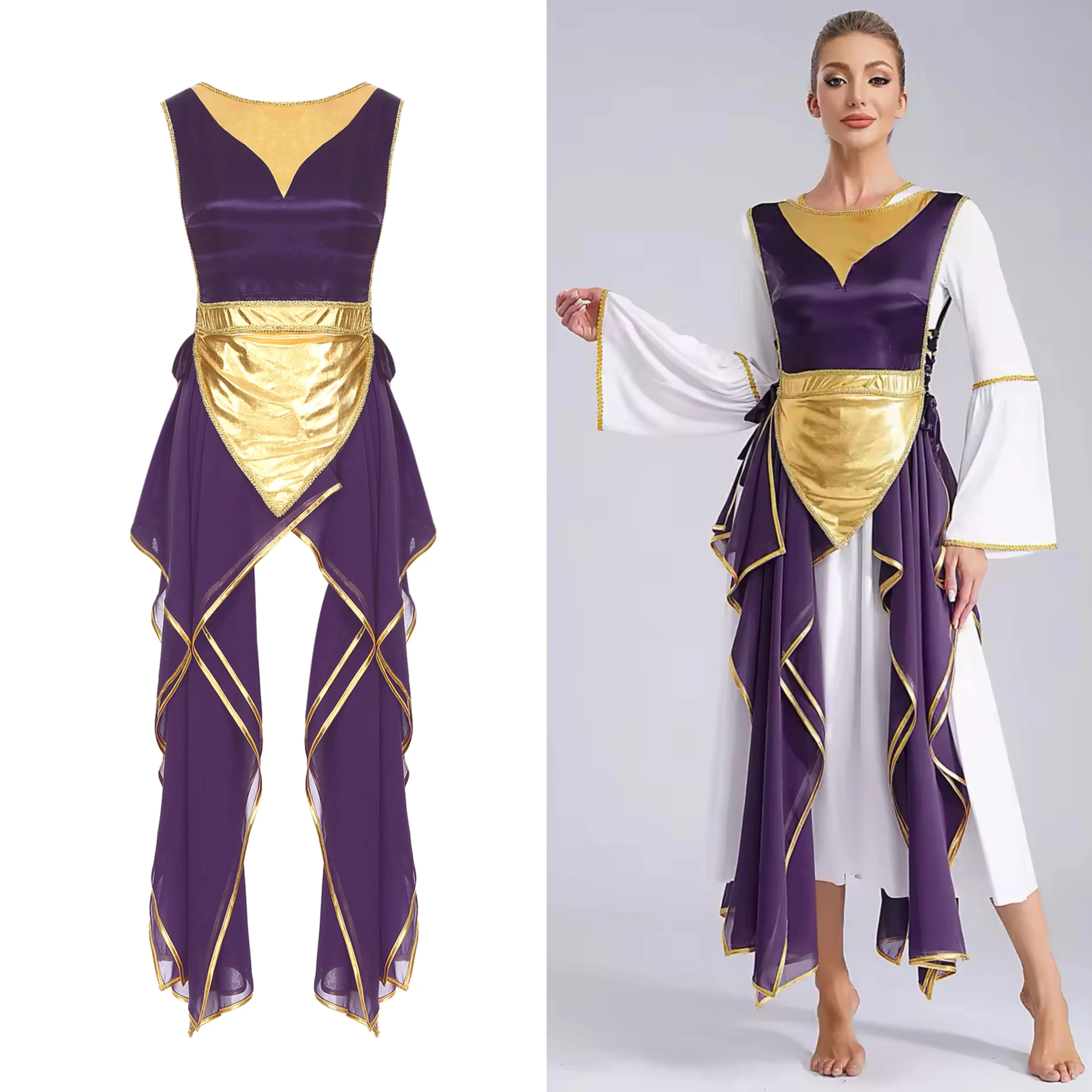 New Style Womens Liturgical Dance Dresses Worship Lyrical Performance Costumes Metallic Sides Split Lace-up Irregular Tunic
New Style Womens Liturgical Dance Dresses Worship Lyrical Performance Costumes Metallic Sides Split Lace-up Irregular Tunic