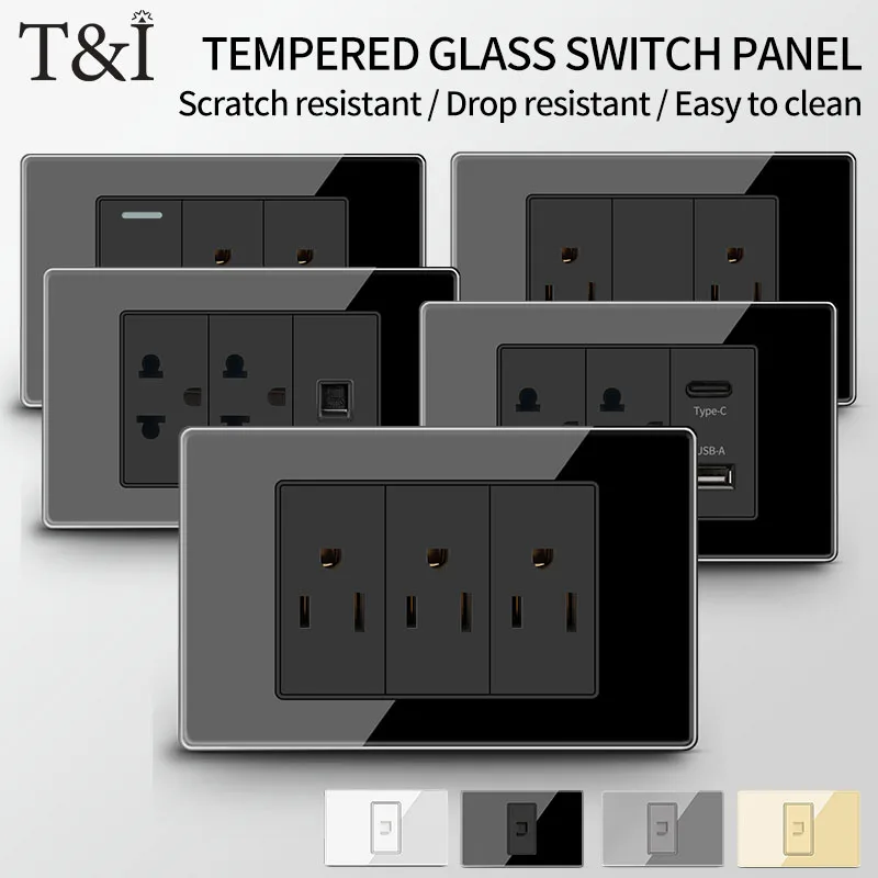 Thai USB Socket Plug with Dual USB Type-C Ports,Light Switch 110V Tempered Glass US Wall Socket Black 118*75mm
Thai USB Socket Plug with Dual USB Type-C Ports,Light Switch 110V Tempered Glass US Wall Socket Black 118*75mm